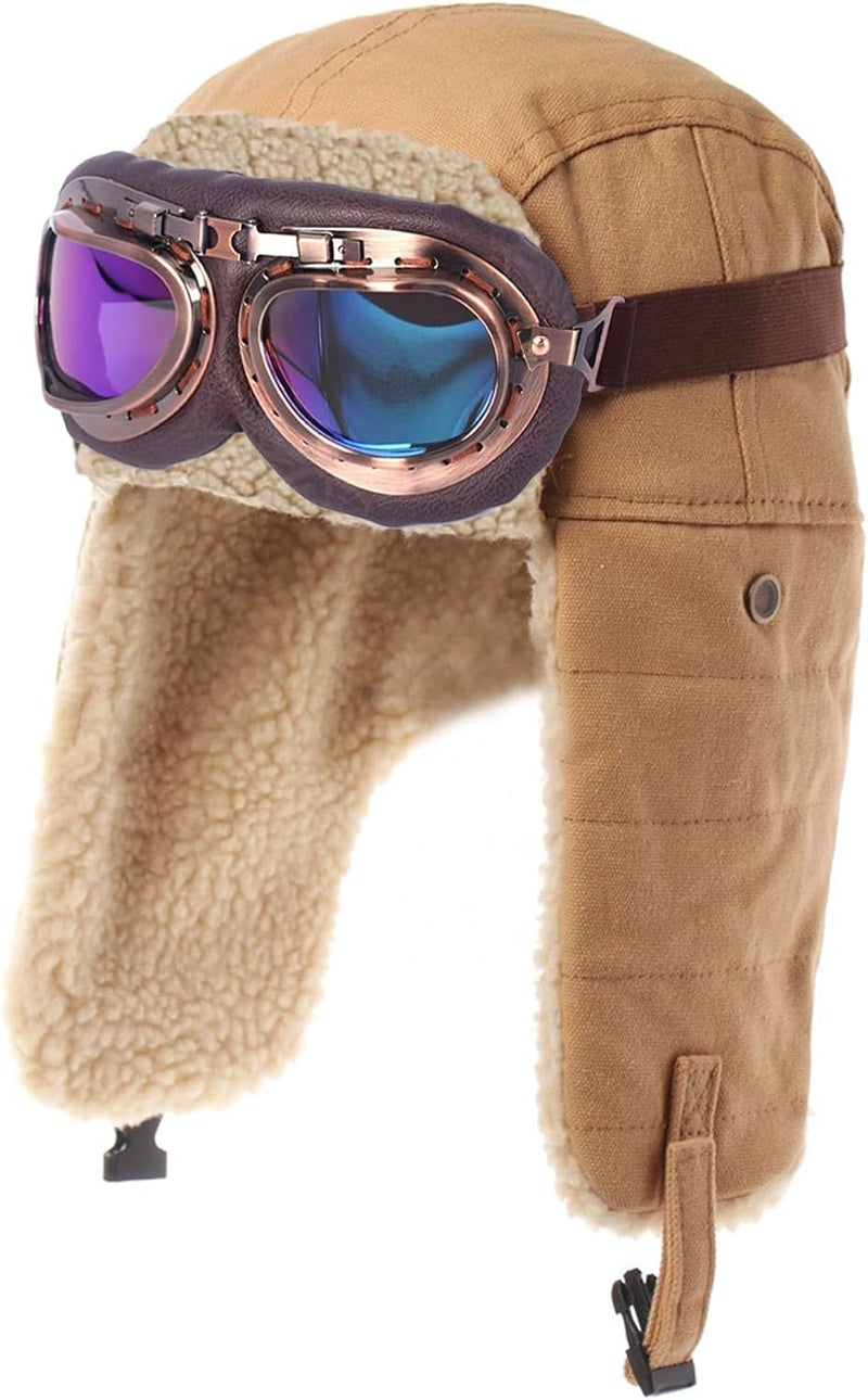 Kodervo Aviator Hat with Goggles Adult Vintage Pilot Hat Costume Winter Bomber Hat Fur Ear Flaps Trapper Hat Men Women - Image 1